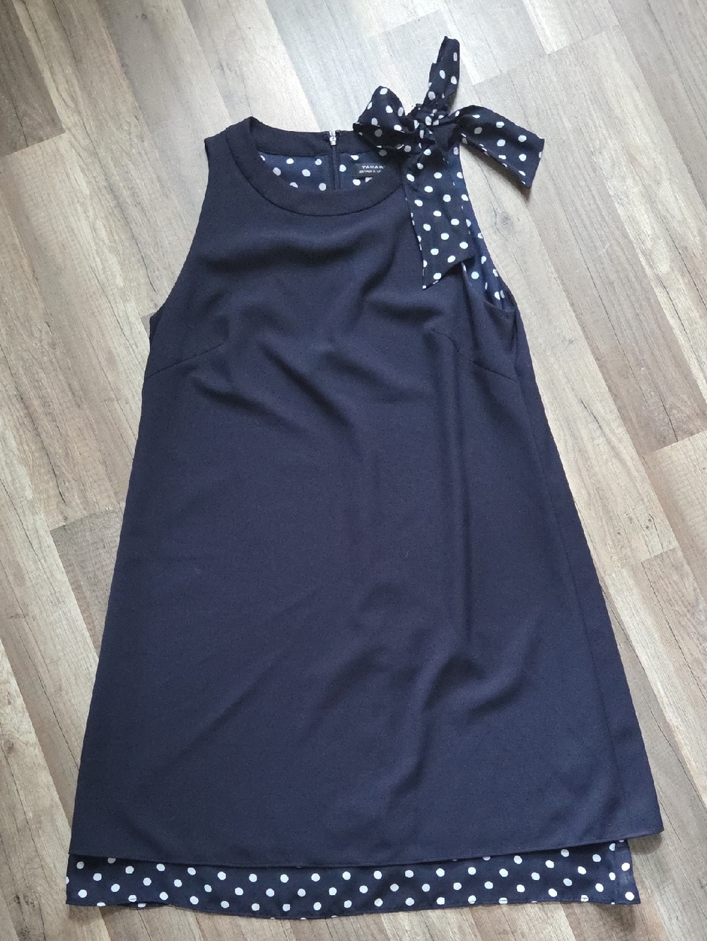 Tahari Navy Blue Sleeveless Midi Dress with Polka Dot Trim